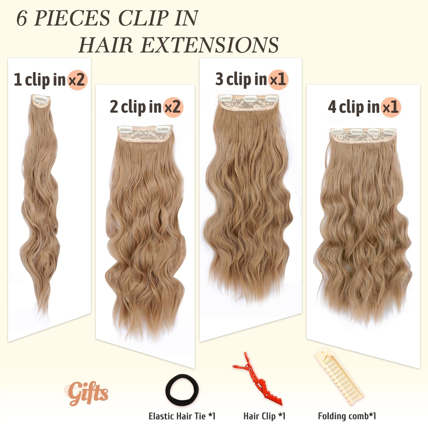 NAYOO Clip in Hair Extensions for Women 20 Inch Long Wavy curly Ash Blonde Hair Extension Full Head Synthetic Hair Extension Hairpieces (6PCS, Ash Blonde)