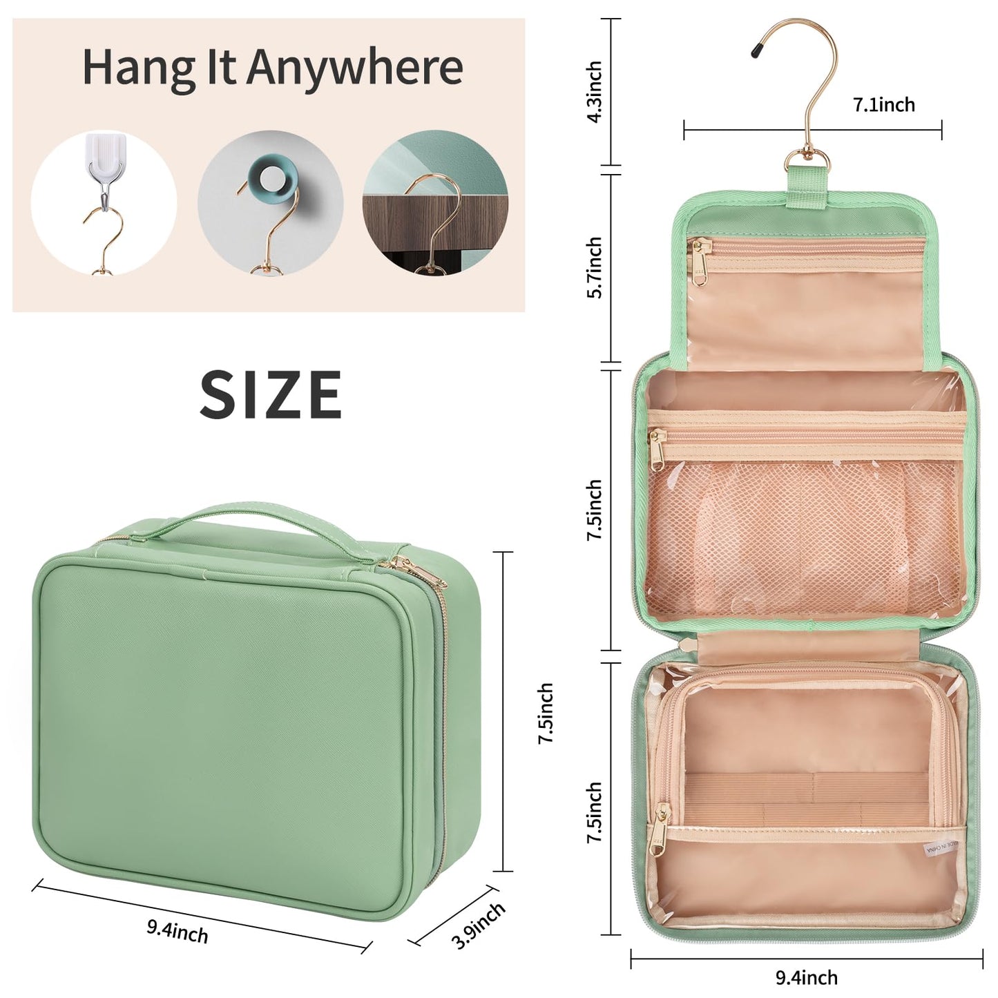CUBETASTIC Hanging Travel Toiletry Bag, Portable Green Makeup Bag with Handle, 3 Compartment Small Travel Bag for Toiletries Waterproof Leather Cosmetic Organizer Pouch with 360° Hook