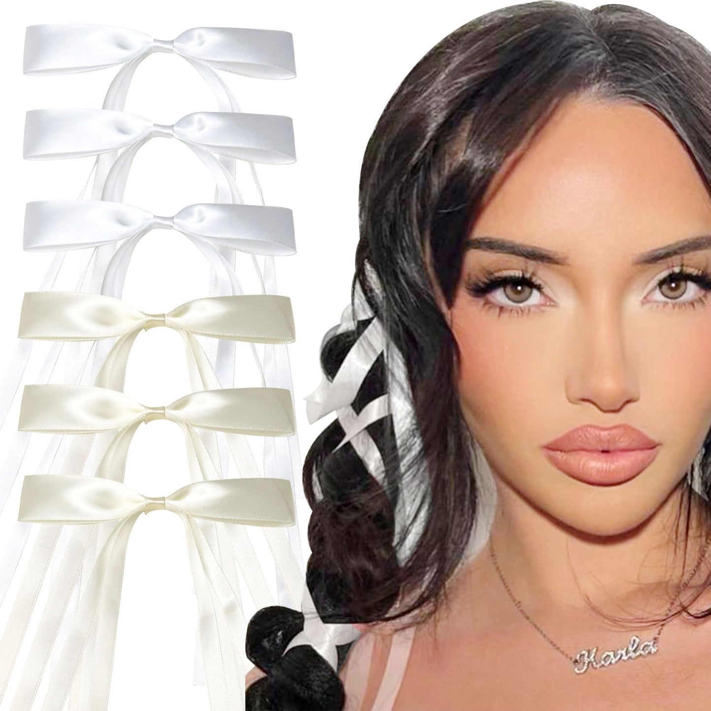 JeVenis 6 PCS White Ribbon Hair Accessories - Bows, Claw Clips for Long Thick Hair, Barrettes