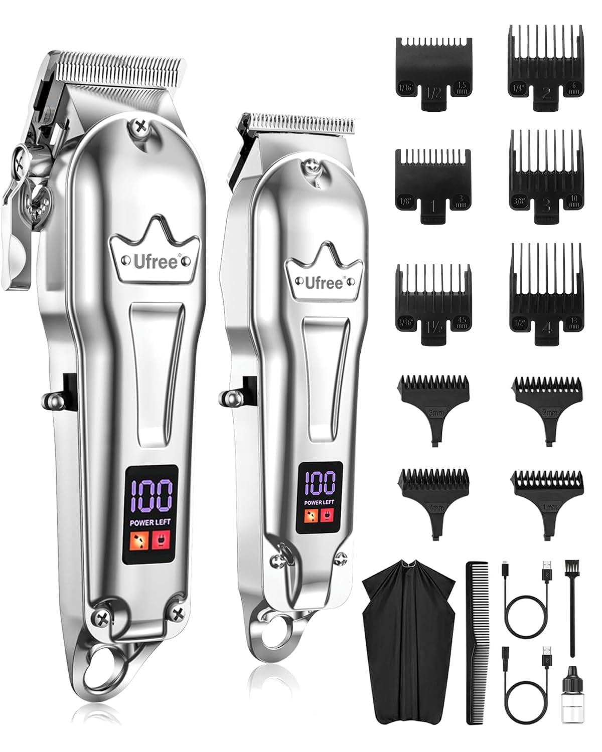 Ufree Hair Clippers for Men - Professional Cordless Barber Trimmer Set with LED Display | Silver Hair Cutting Kit