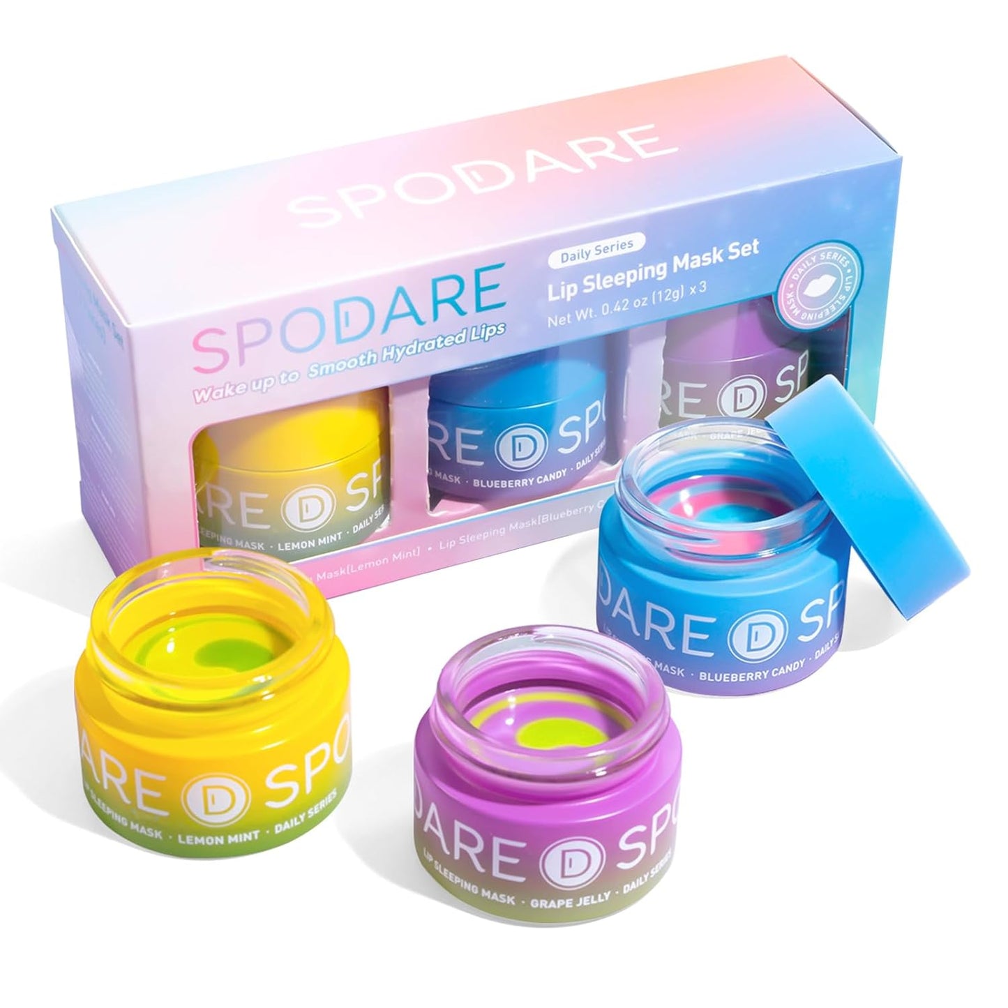 SPODARE 3-in-1 Dual-Color Lip Mask Set - Hydrating Blueberry, Grape & Lemon | Repair Dry Cracked Lips, 1.26 Fl Oz