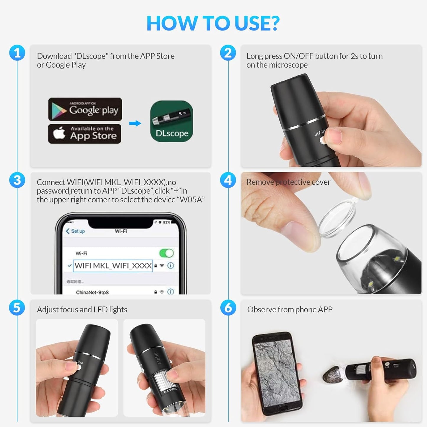 Skiennix Handheld Digital Microscope - Wireless & Portable 50x-1000x Magnification | 360° Rotating Stand for iOS/Android
