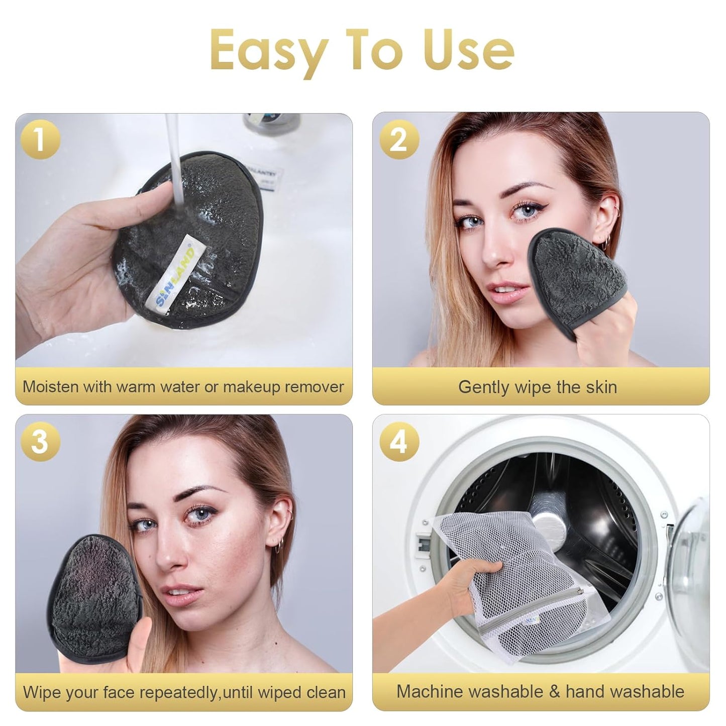 SINLAND Reusable Makeup Remover Pads - Gentle Microfiber Cleansing Cloths for All Skin Types | Grey, 6-Pack (5.1"x3.9")