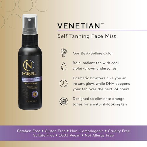 Norvell Venetian Self Tanner Mist for Face - Non-Comedogenic Bronzing Spray, 2 fl oz | Streak-Free, Natural Glow