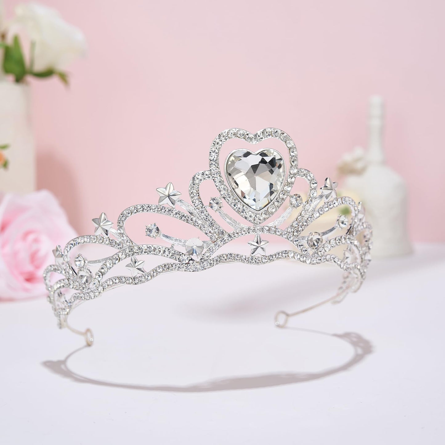 SWEETV Birthday Crowns for Women Birthstone Heart Princess Tiara Silver Wedding Headpiece for BirthDay Party Photograph, April