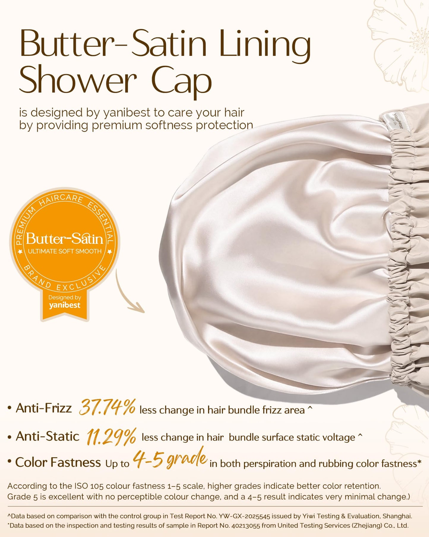Yanibest Satin Lined Shower Cap for Women Reusable Waterproof, Large Bath Cap with Soft Elastic Band, Luxury Hair Protection Caps (Beige)