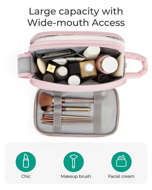 BAGSMART Travel Toiletry Bag for Women, Puffy Cosmetic Makeup Bag Organizer, Large Wide-open Travel Organizer for Toiletries, Dopp Kit Water-resistant Makeup Case for Accessories-Black