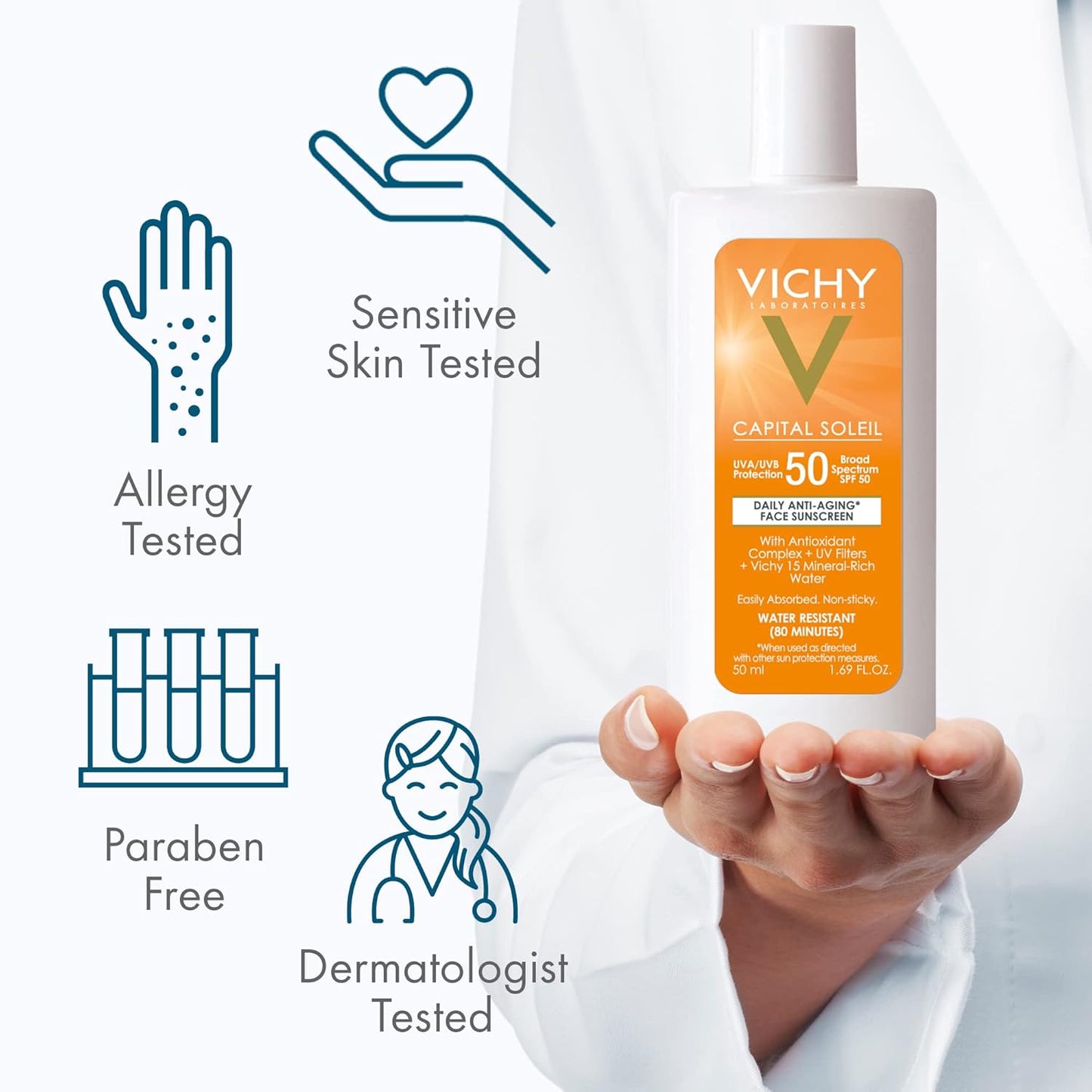 Vichy Capital Soleil Face Sunscreen SPF 50 - Anti-Aging Sunblock for Sensitive Skin | Travel Size, Oxybenzone Free