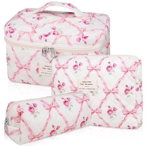 3PC Makeup Bag Set, Quilted Makeup Bag, Large Floral Cosmetic Bag for Women, Cute Cotton Makeup Bags, Flower Travel Toiletry Organizer Bag (Pink Flower)
