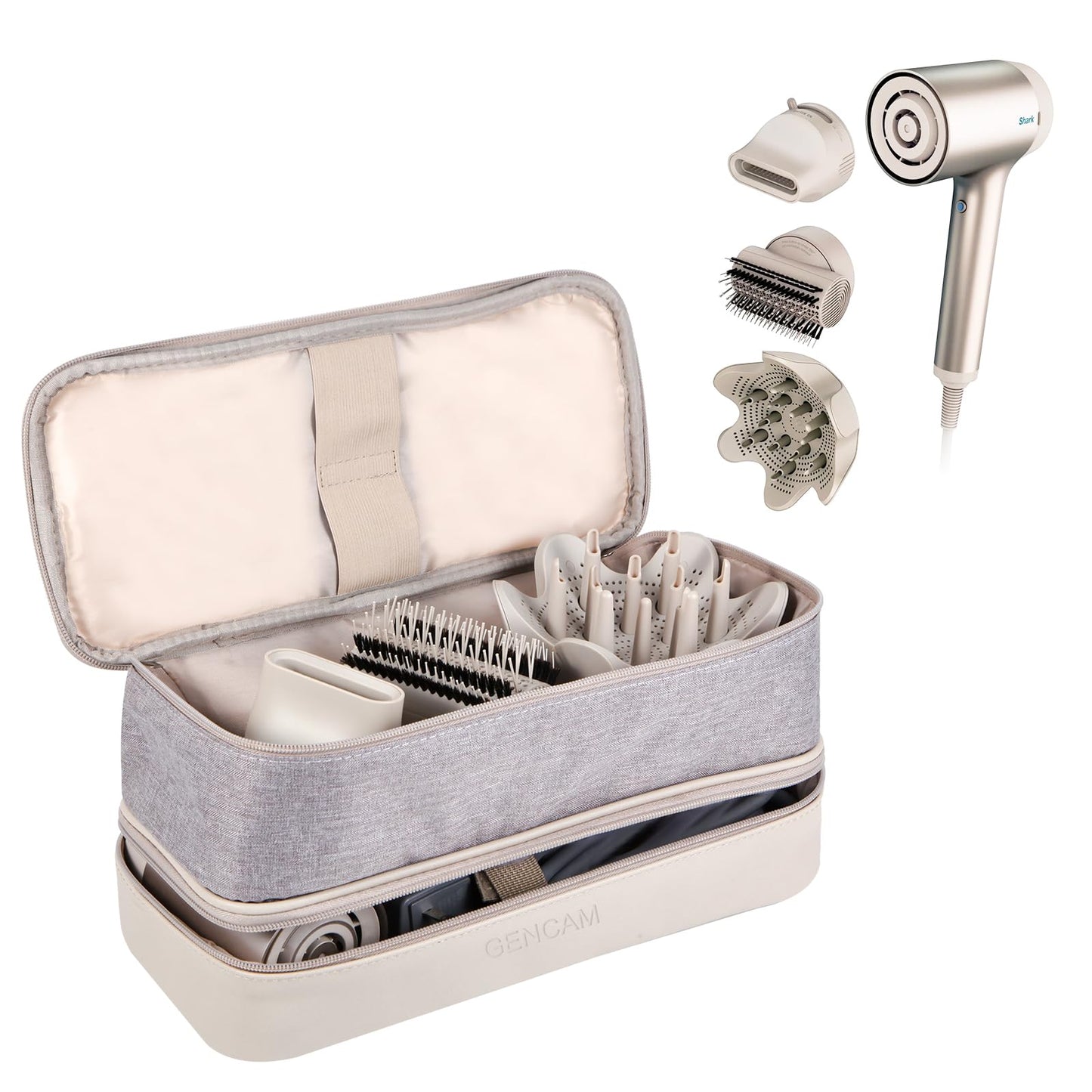 GENCAM Double-Layer Carrying Case for Shark Flexstyle, Travel Case for Shark SpeedStyle, Storage Organizer bag for Shark Flexstyle FlexFusion/Dyson Airwrap Styler and Attachments (light gray)