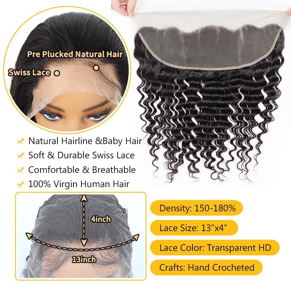 QTHAIR 14A Brazilian Virgin Hair Deep Wave Human Hair Transparent HD Lace Frontal Closure(10" 13x4 Frontal,Natural Black) 100% Ear to Ear Swiss Lace Deep Wave Frontal Brazilian Deep Wave Hair