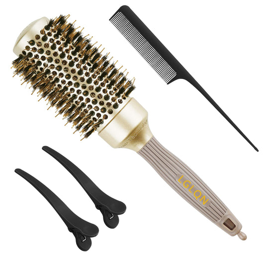 LGLQN Round Barrel Brush for Blow Drying, with Boar Bristles, Nano Thermal Ceramic & Ionic Tech, 1.7 inch, Gold