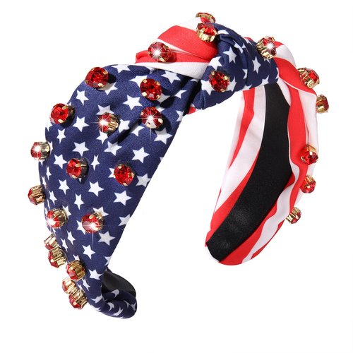 4th of July Headband American Flag Crystal Star Knottted Headband for Women Fourth of July Patriotic Headband Headpiece Red White and Blue Stripe Top Knot Wide Hairband Party Favor Gift (red white