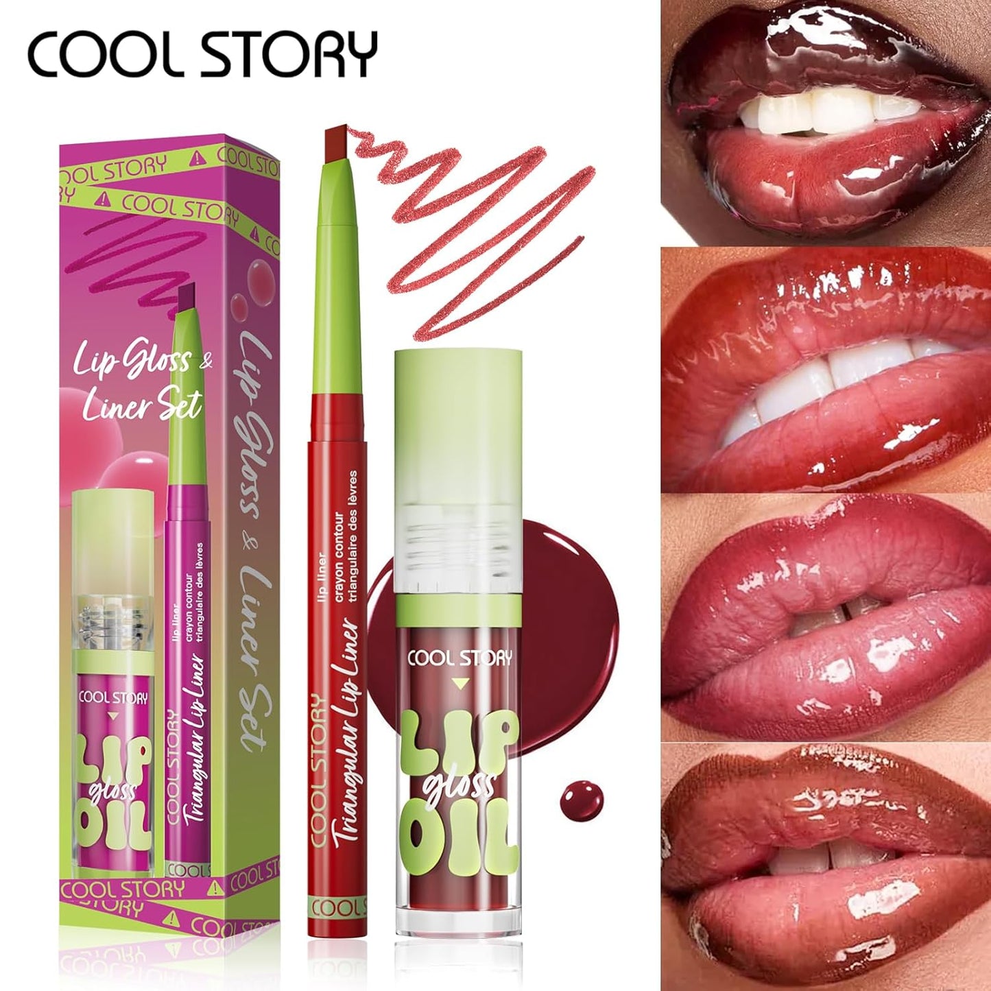 COOL STORY Lip Gloss and Liner Set - Ultra Glossy Finish, 2-Piece Combo for Stunning Lips