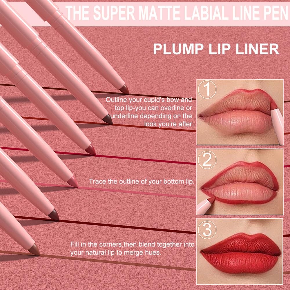 HHLTOH 6Pcs Retractable Lip Liner Pencils Set, Ruby Red Rose Nude Pink Plum Purple Taupe Brown Matte, Long-Lasting Non-Stick Cup Not Fade Waterproof Pigmented Velvet Lipgloss Kit Beauty Cosmetics. 02