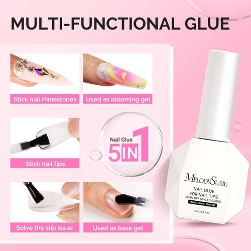 MelodySusie 3Free Nail Glue Gel - Super Sticky Adhesion for False Nail Tips | 2 Pcs 15ml, No Hema