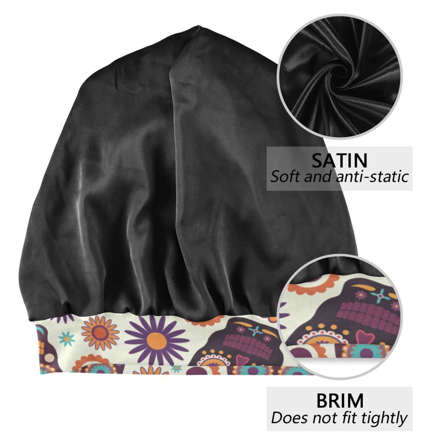 ElliTarr Satin Bonnet Lined Sleep Cap Hair Wrap Cover Slouchy Beanie for Curly Hair Protection for Gifts for Men Women Cute Skull Halloween