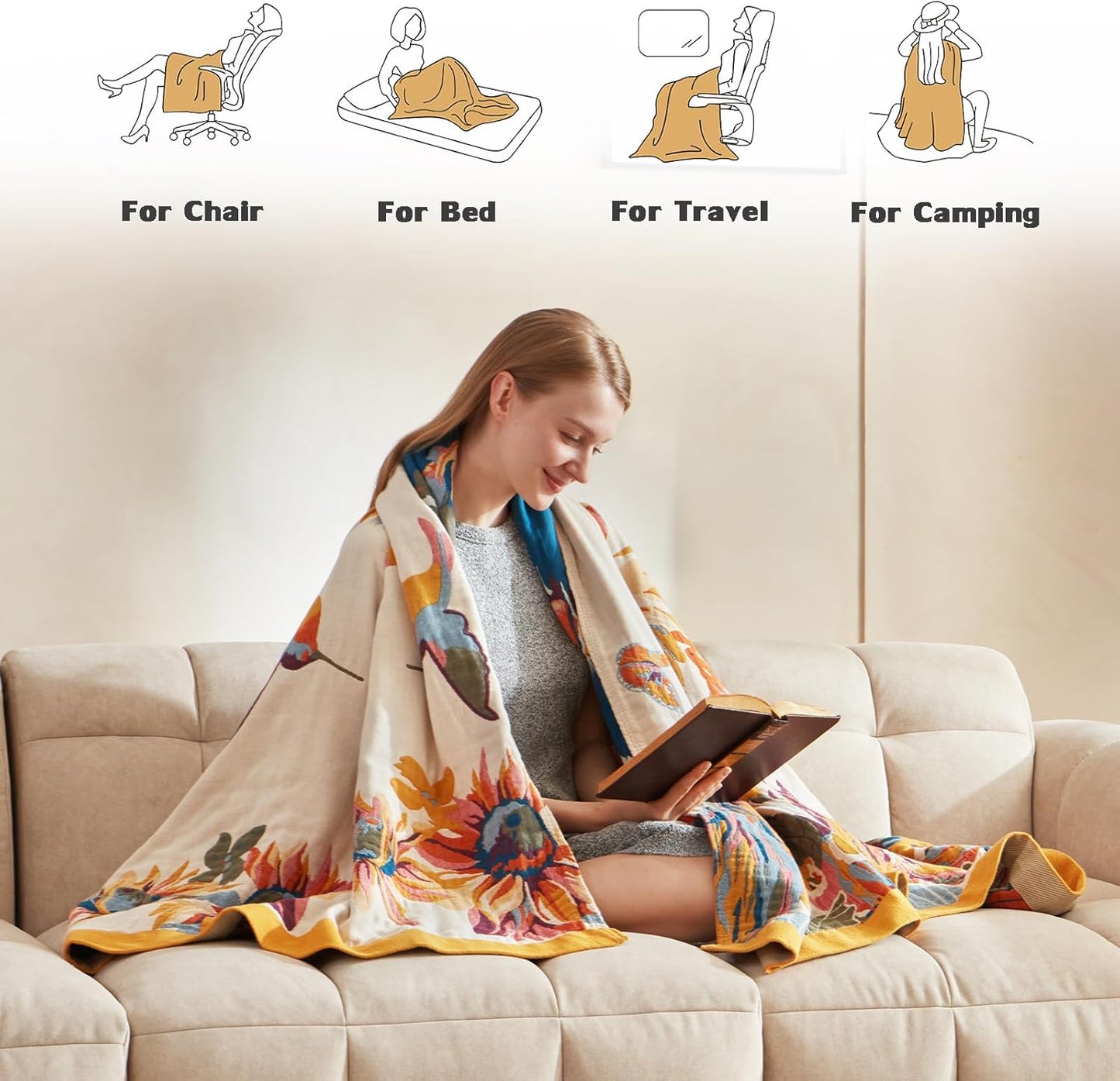 Skiennix Boho Throw Blanket - 100% Cotton, Soft & Breathable, Floral Embroidery | 50"x60" Reversible Sofa Decor