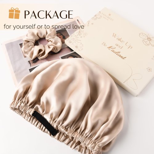 YANIBEST 22 Momme 100% Mulberry Silk Sleep Cap Silk Bonnet for Women - Sleeping Cap Hair Bonnet & Scrunchie Champagne