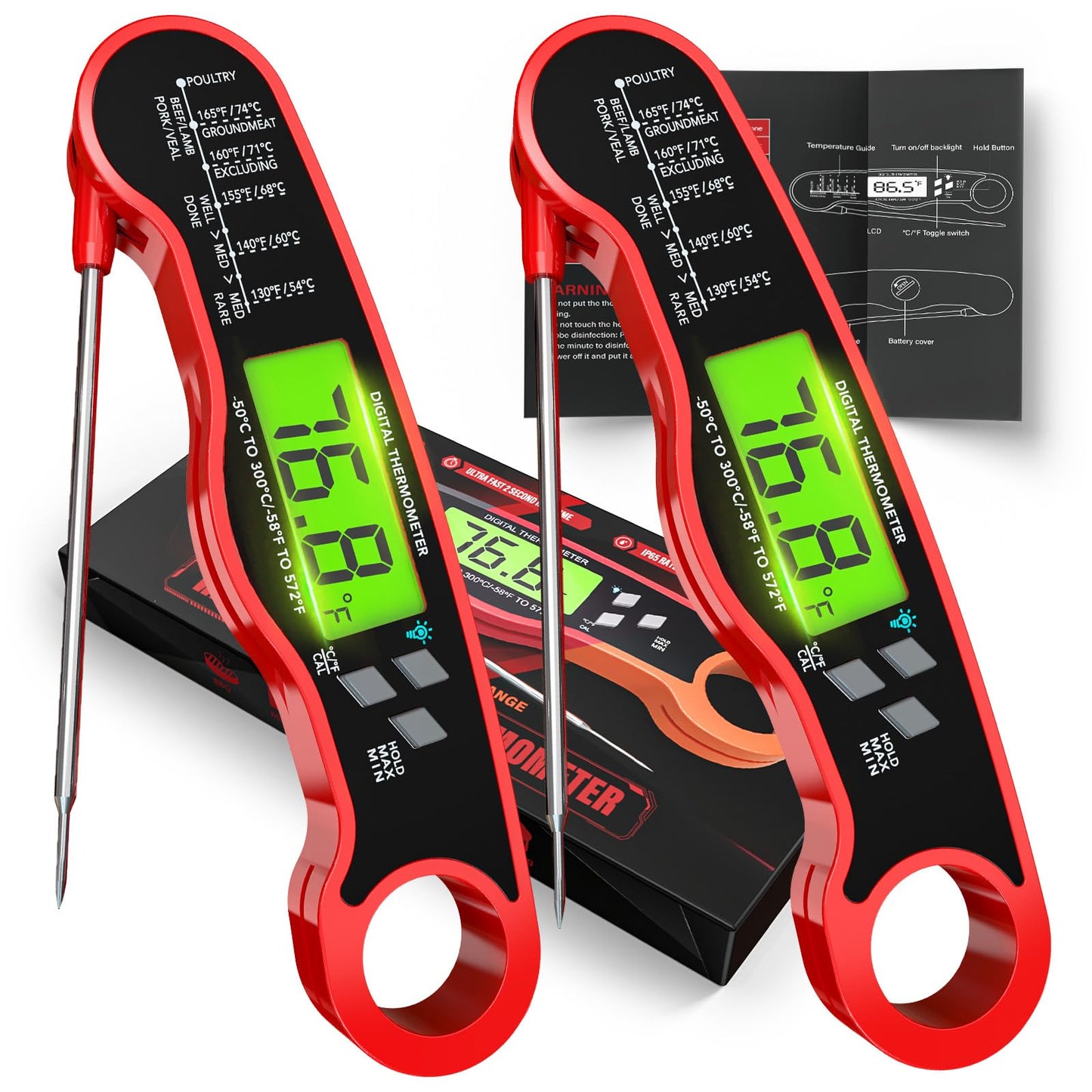 Fast Instant Read Meat Thermometer with Backlight - Waterproof Digital Food Probe for Grilling, Cooking, Baking & Candy Making - Kitchen & BBQ Essential(Black)