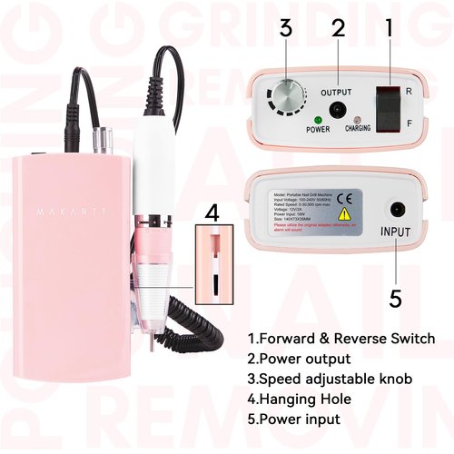 Makartt Nail Drill, Rechargeable Nail E File 30000RPM Electric Nail File, Malory Pink Portable Gel Nail Remover Machine with Nail Drill Bits & Sanding Bands for Manicure Salon Home Use