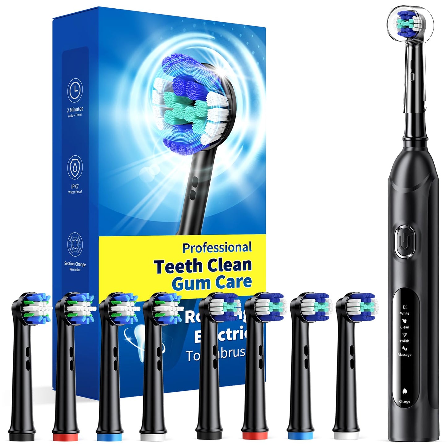 TEETHEORY Rotating Electric Toothbrush for Adults with 8 Brush Heads (2 Types), 4 Modes Deep Clean Electric Toothbrush with Rechargeable Power and 2 Min Smart Timer