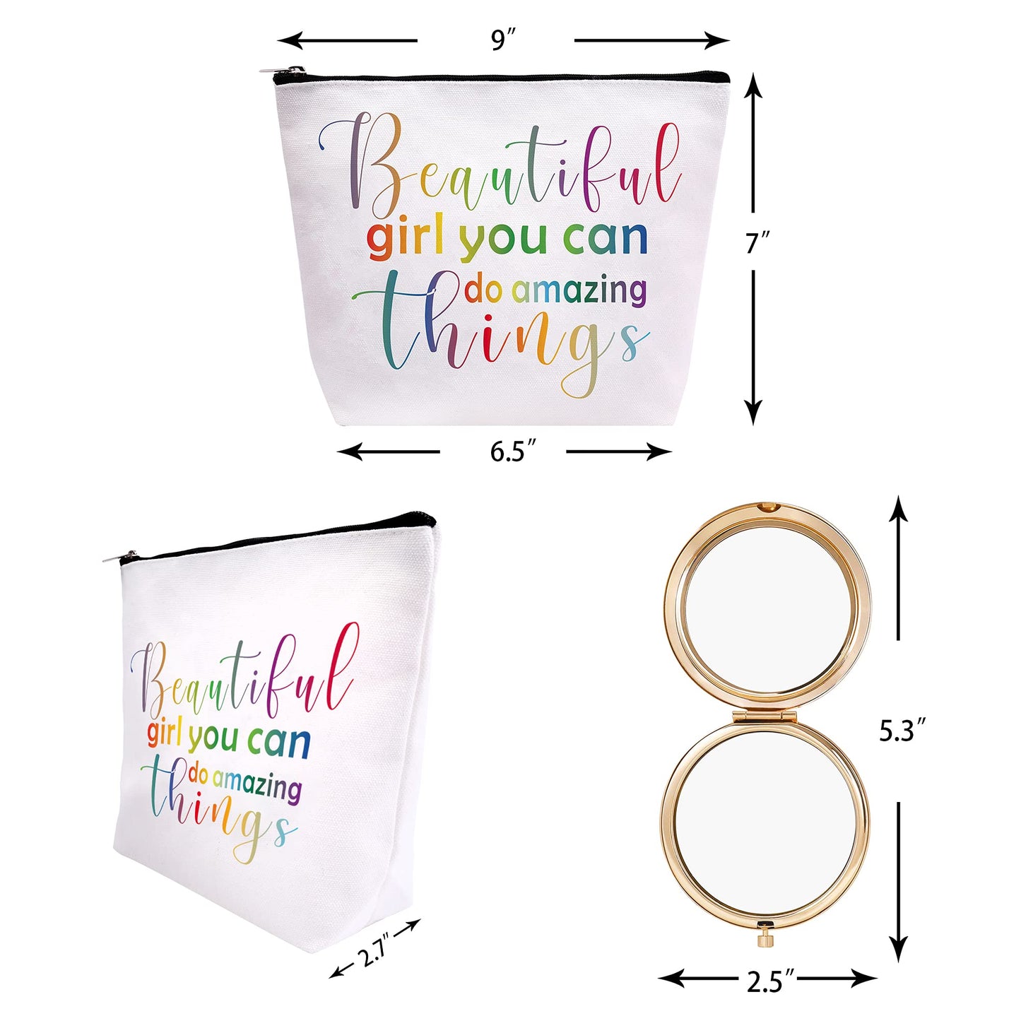 VeryMerryMakering Beautiful Girl You Can Do Amazing Things, Inspirational Gifts for Women, Amazing Gifts for Teen Girls, Beautiful Gift Makeup Bag, Inspirational Jewelry Dish, Amazing Mirror