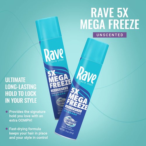 Rave Unscented Aerosol Hairspray - 5X Freeze for Heat Protection, Volume & Shine | ClimaShield Humidity Control