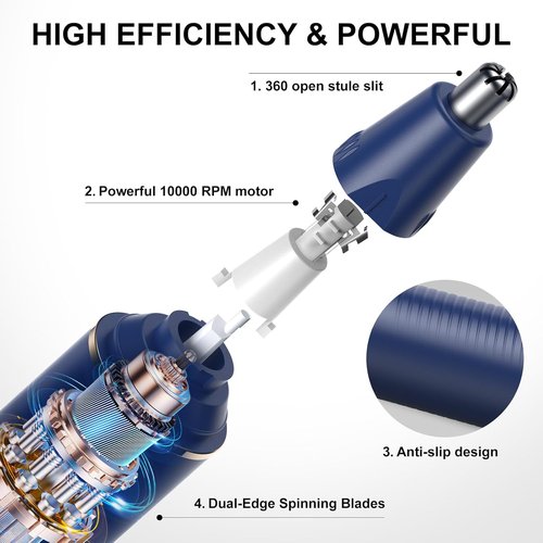 Nose Hair Trimmers for Men，Rechargeable Hair Trimmer 2 in 1 Painless Multifunctional Ear and Nose Hair Trimmer with IPX7 Waterproof Dual Edge Blades (Blue)