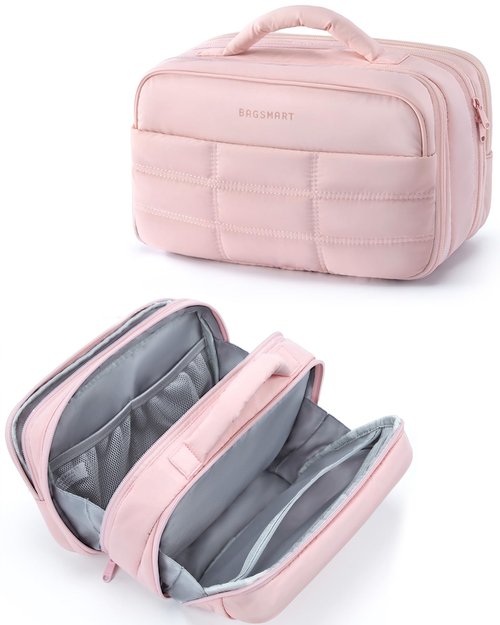 BAGSMART Toiletry Bag for Women, Travel Makeup Bag, Wide-open Portable Make Up Bag Organizer for Women for Travel Essentials Travel-Size Toiletries Accessories Bottles, Brushes, Pink
