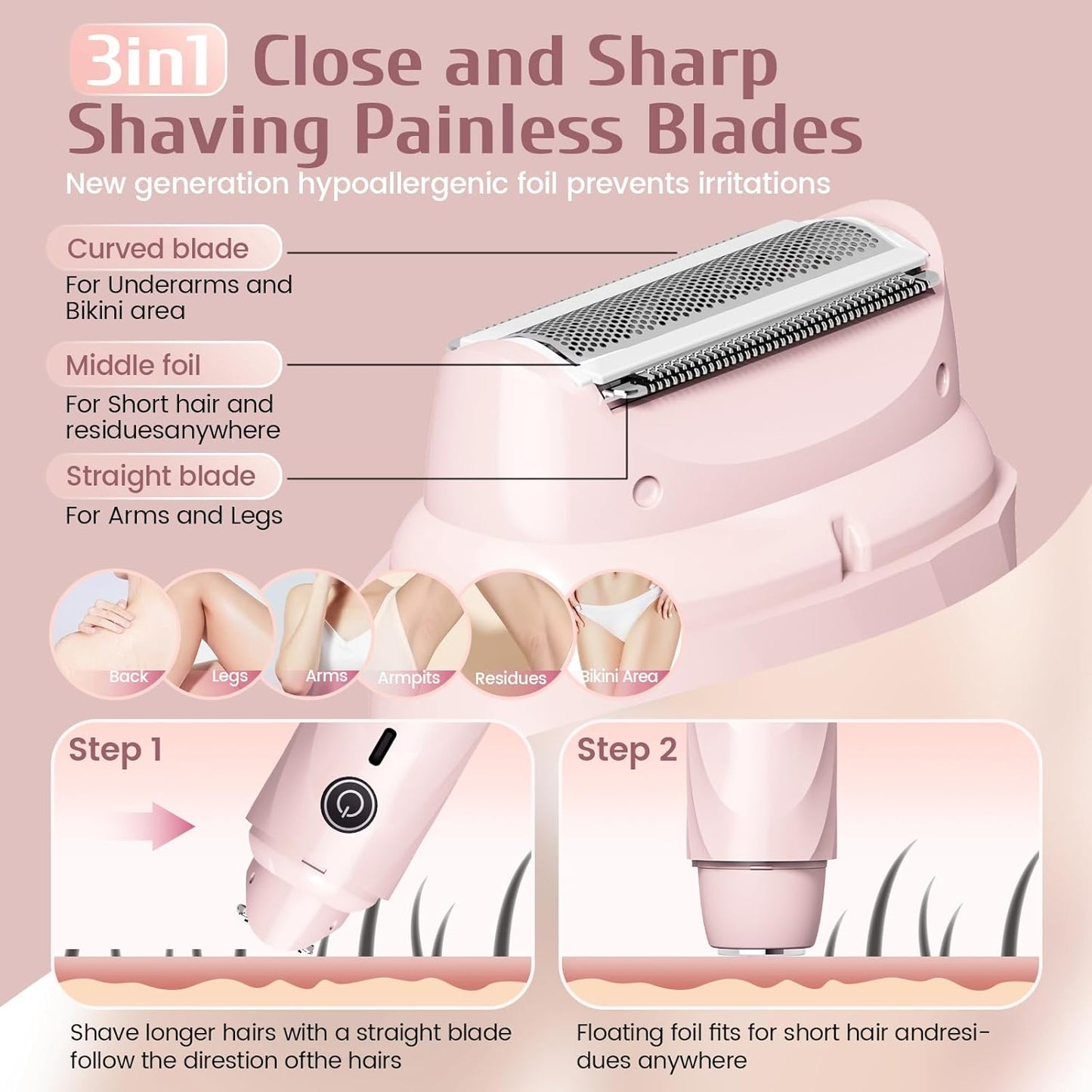 Skiennix 4-In-1 Electric Razor for Women - Rechargeable Cordless Bikini Trimmer & Facial Hair Remover, Pink