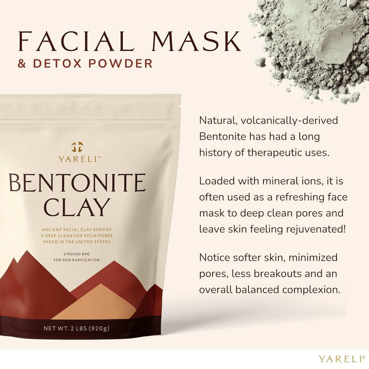 YARELI Bentonite Clay Powder - Pure Indian Healing Facial Mask & Cleansing Bath, 2lb (32oz)