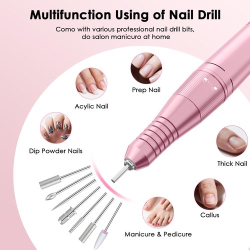 Professional Electric Nail Drill File, HUGMAPLE 45000RPM Portable E-File Machine with Bits & Base, Rechargeable Cordless Nail Drill Kit for Shaping, Removing & Polishing Gel Nails for Salon Home