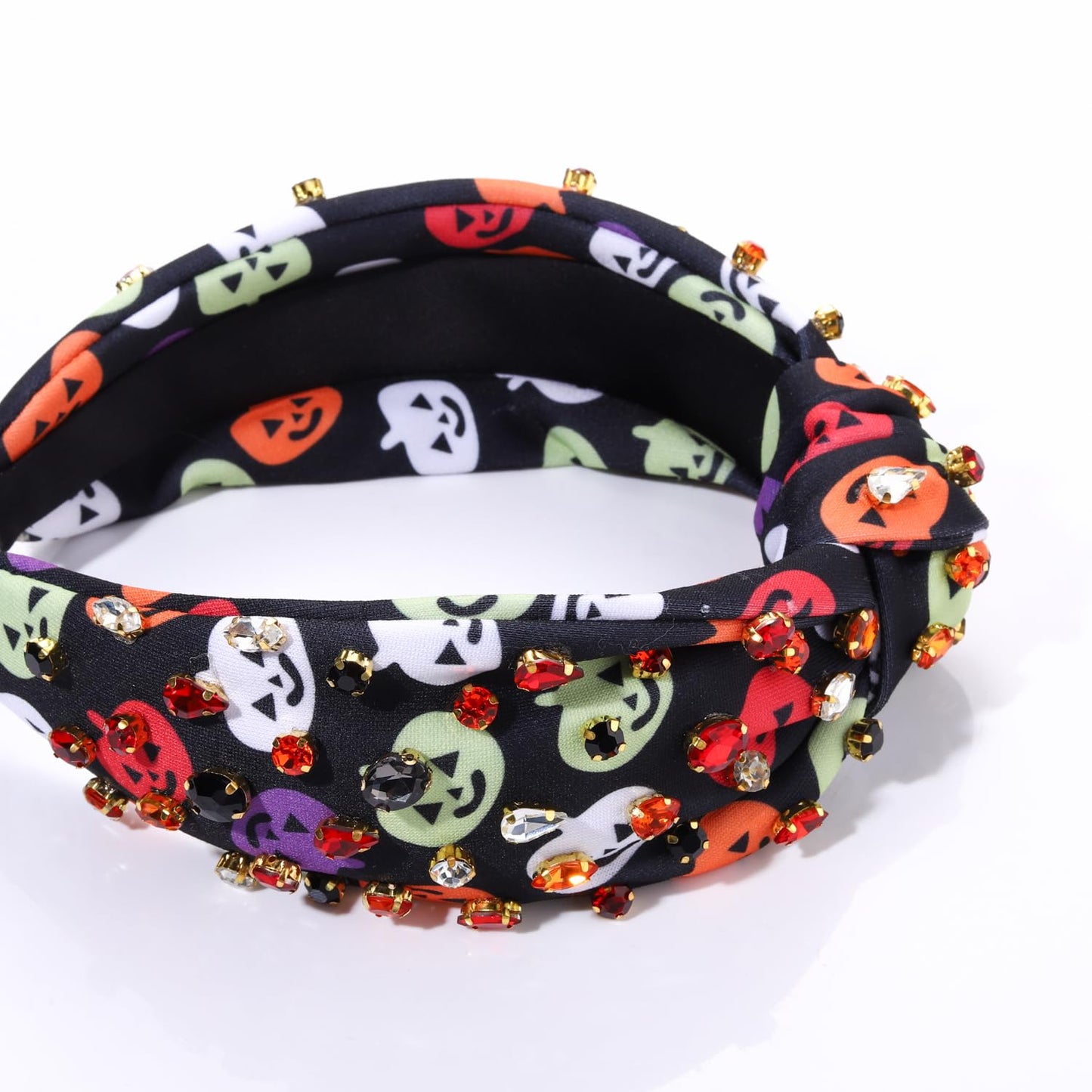 Halloween Crystal Knotted Headband for Women Rhinestone Jeweled Embellished Spooky Ghost Print Wide Top Knot Hairband Halloween Costume Party Hair Accessory (Colorful Pumpkin)