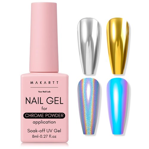 Makartt No Wipe Gel Top Coat for Chrome Nail Powder - Clear High Gloss Mirror Shine Top Coat Gel Nail Polish, Long Lasting Soak-Off LED UV Lamp, DIY Home Salon Art Design Gifts, 8ml Pink Bottle