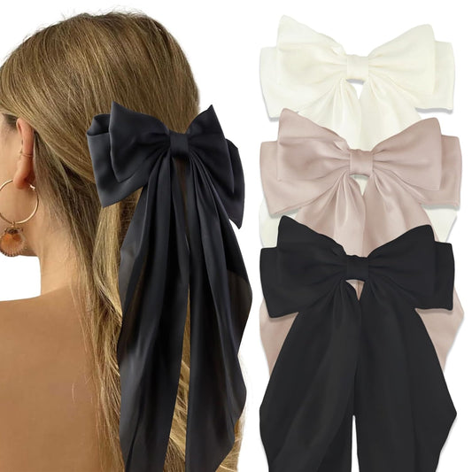 Canitor Hair Bows for Women Silky Satin Hair Ribbon Hair Barrettes Clip Oversized Long Tail Black White Hair Bows Cute Aesthetic Coquette Hair Accessories Preppy Teen Girl Gifts Trendy Stuff Things