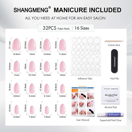 SHANGMENG White French Tip Press on Nails with Gold Line Design - Soft Gel Almond Press on Nails Short for Women, Glossy Glue on Nails with Glue in 16 Sizes - 32 Reusable Fake Nails, Gold Ribbon