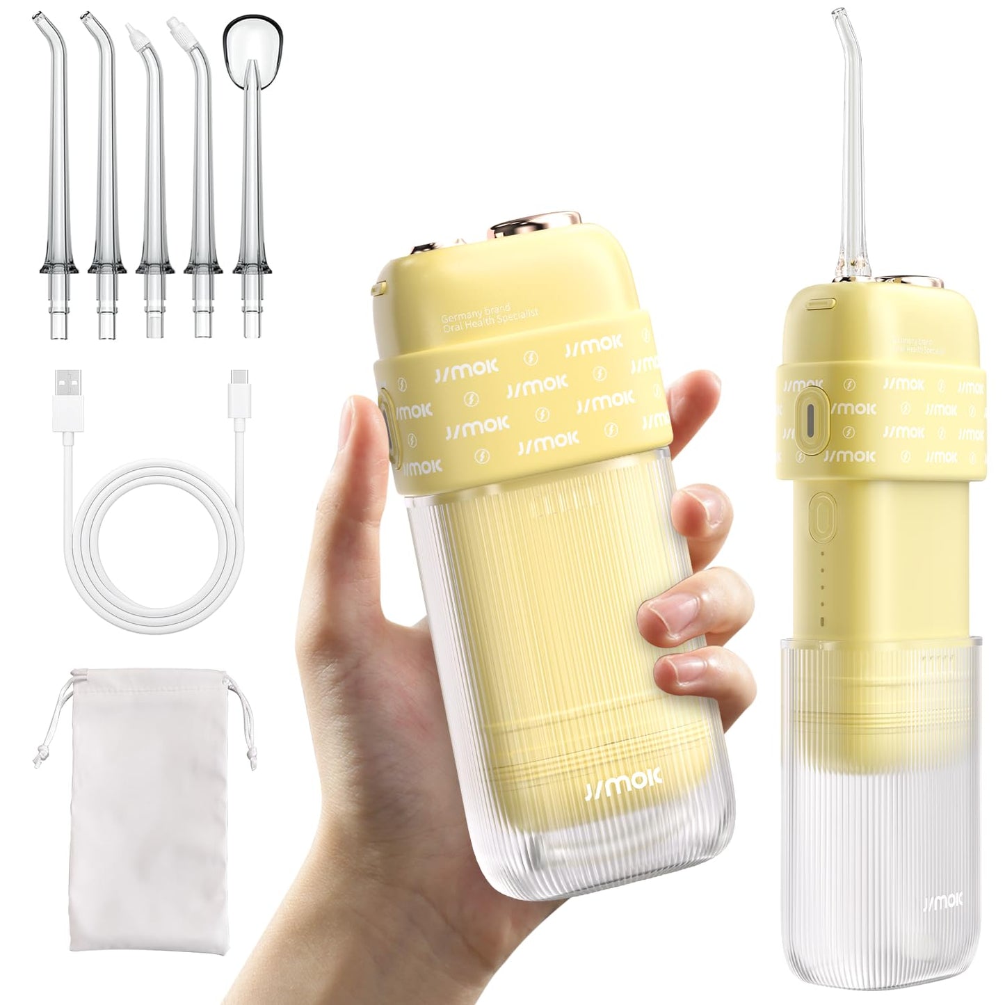 JIMOK Portable Water Flosser Mini Cordless Portable Oral Irrigator Water Teeth Cleaner Pick,Telescopic Water Tank,4 Modes & IPX8 Waterproof, Home & Travel Water Flossers for Teeth (Yellow)