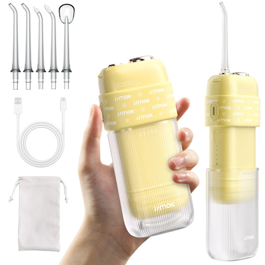 JIMOK Portable Water Flosser Mini Cordless Portable Oral Irrigator Water Teeth Cleaner Pick,Telescopic Water Tank,4 Modes & IPX8 Waterproof, Home & Travel Water Flossers for Teeth (Yellow)