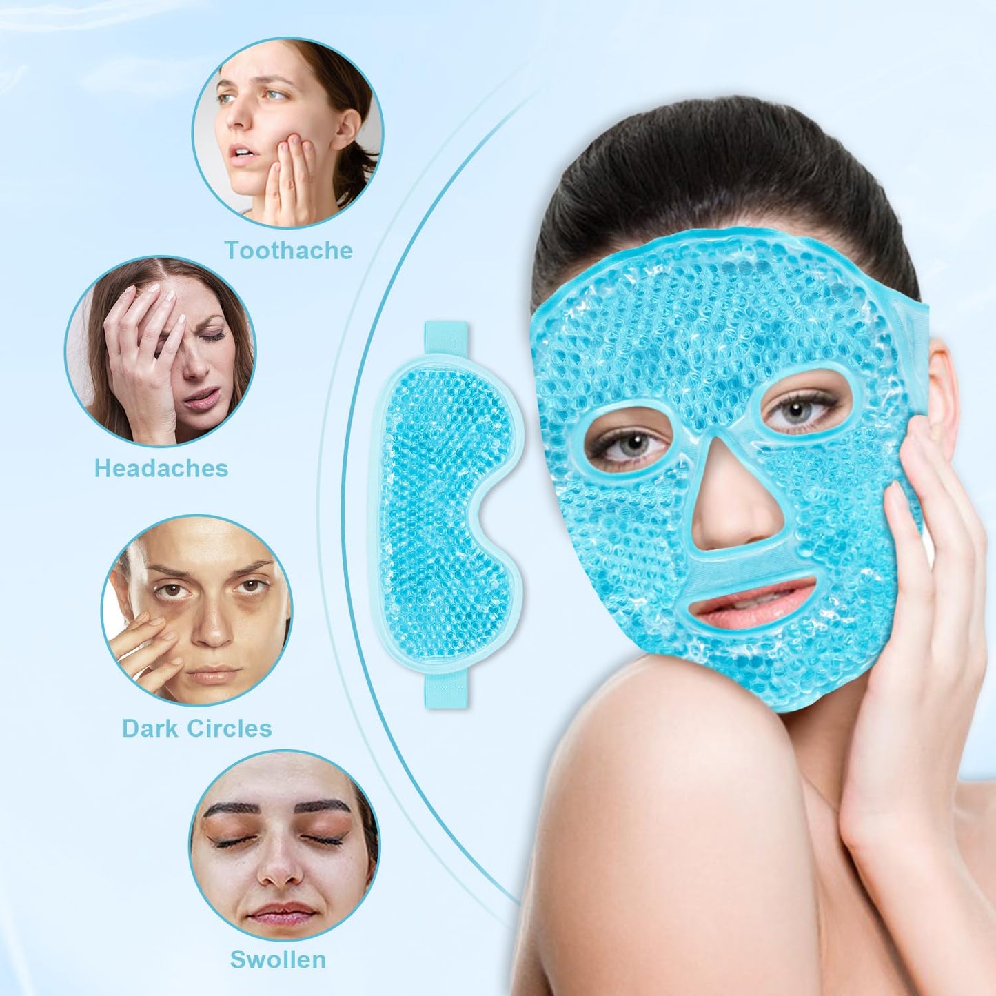 Cooling Eye Mask and Ice Face Mask Set for Reducing Puffiness, Bags Under The Eyes, Sinus, Redness, Pain Relief, Dark Circles, Migraine, and Hot Cold Use Reusable with Super Soft Lining (Blue Set)