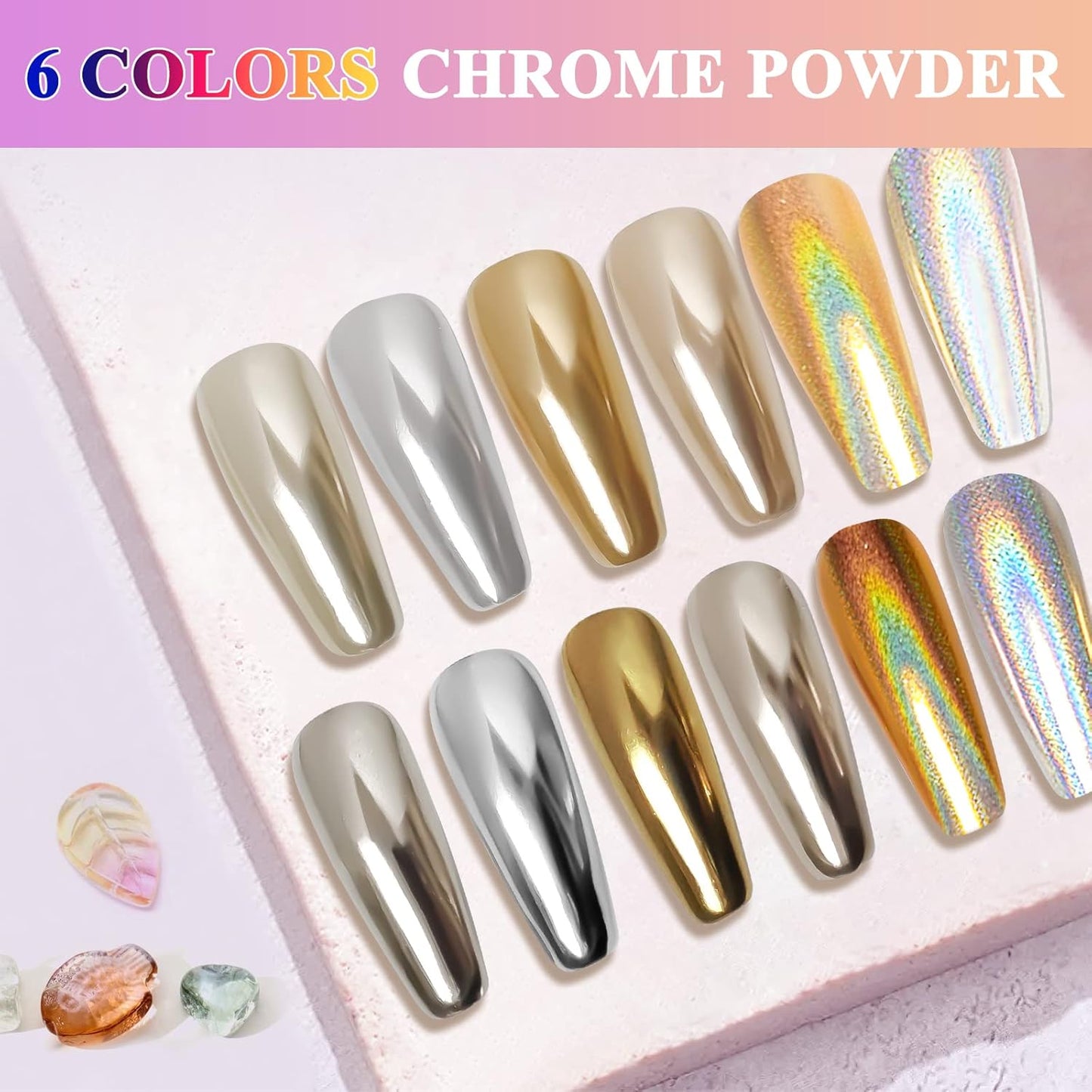 Skiennix Holographic Nail Powder Set - 6 Iridescent Colors for Stunning Metallic Nail Art