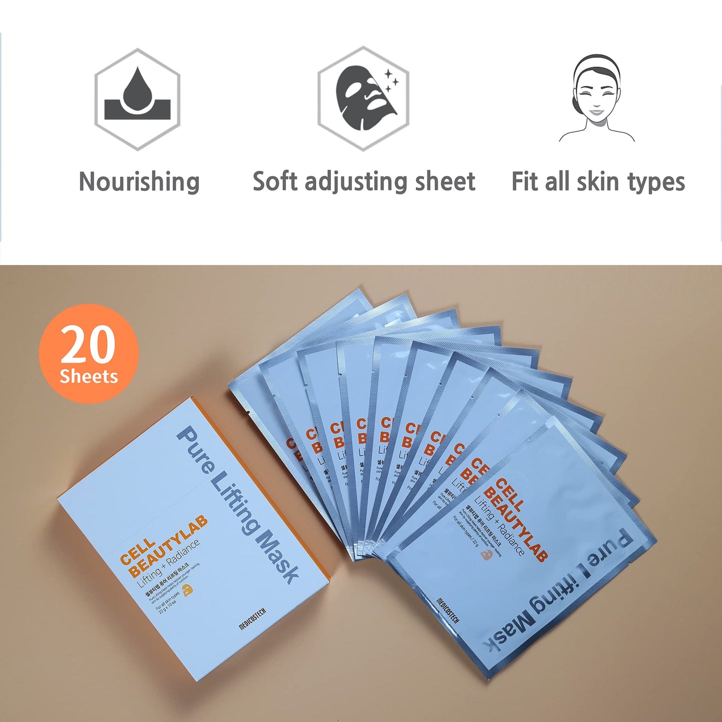 CELL BEAUTYLAB Collagen Face Mask 20 Pack｜Elasticity, Revitalizing, Nourishing and Skin Care Face Sheet Mask for All Skin Types｜With Collagen, Niacinamide, Centella asiatica