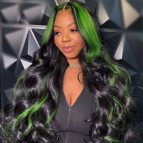 ANDRIA Highlight Green Lace Front Wigs Loose Wave Wigs with Baby Hair Blak and Green Streak Hair Glueless Lace Wigs Long Body Wave Wig Synthetic Heat Resistant Fiber Colorful Wig for Black Women 24"