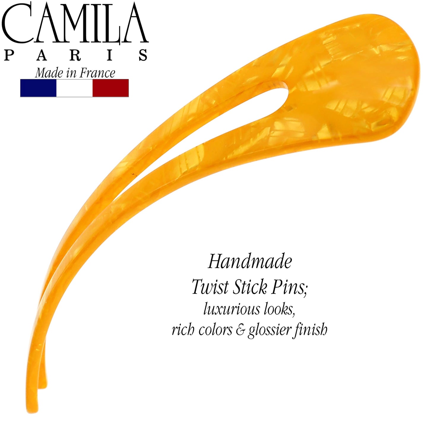 Camila Paris CP3166 French Twist Stick Clip Pins, Orange, Wavy Hair Pin U-Shaped Hair Fork for Girls Spiral Updo Chignon Bun Holder, Fashion Flexible Styling Hair Accessories for Women, Made in France