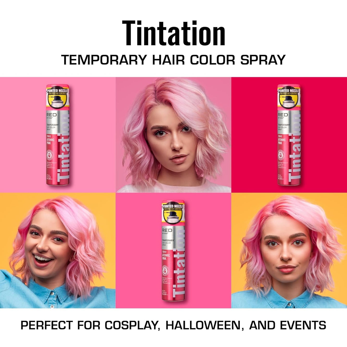 Red by Kiss Tintation Temporary Hair Color Spray 2.82oz, Quick-Dry & Smudge-Proof, Vivid Color Washable Hair Dye, Styling Spray Cosplay Halloween Birthday Party Festival (Atomic Pink)