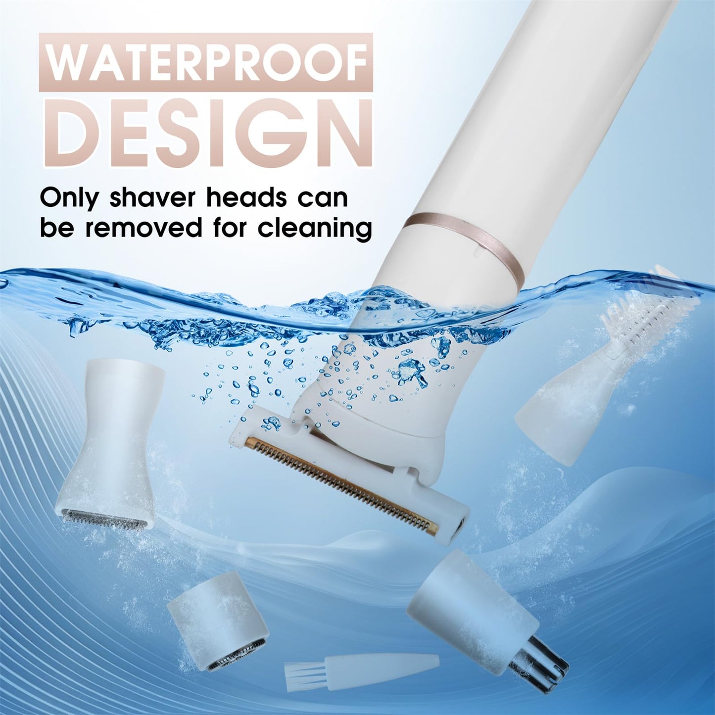 Founouly 5 in 1 Electric Women Bikini Trimmer, Waterproof Wet and Dry Uses Replaceable Ceramic Blade Heads USB Rechargeable Body Safety Clipper,White
