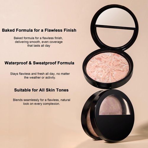 AKARY Baked Powder Foundation, Oil Control Correcting Powder Foundation, Buildable Light to Medium Coverage - Demi-Matte Natural Flawless Finish Smooth Lightweight, 02 Fair