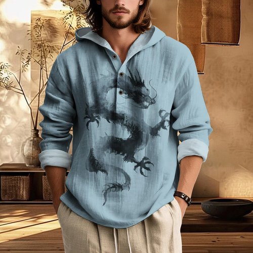 LOAIHA Men's Ink Wash Sweatshirt Long Sleeves Button Down Pullover Vintage Printed Oversized Casual Hooded Sweatshirts