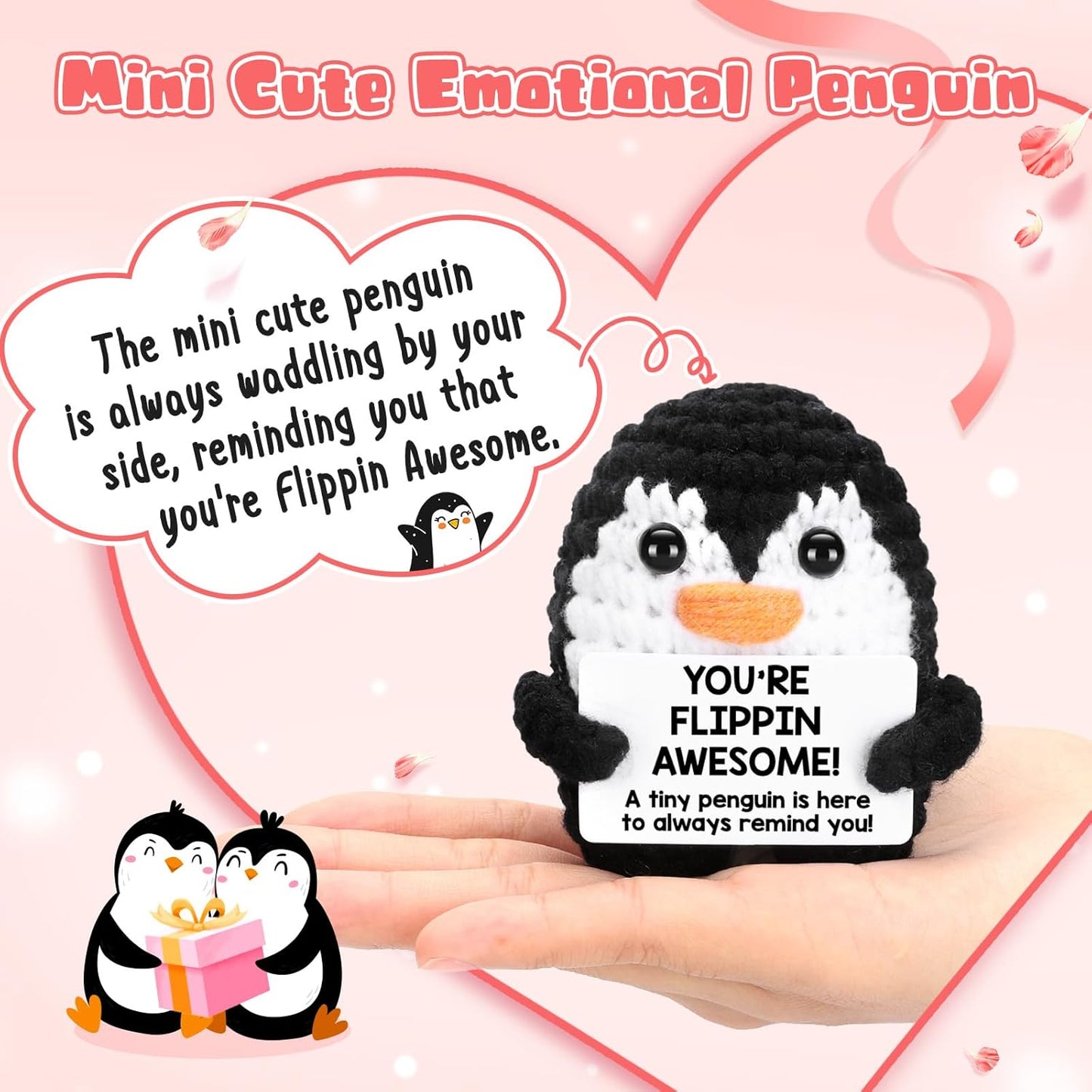 Positive Crochet Penguin, Mini Funny Brithday Galentines Valentines Gifts for Women Men Teens Boys Girls, Inspirational Appreciation Gifts for Coworker Friend Sister Her Him, Emotional Positive Decor
