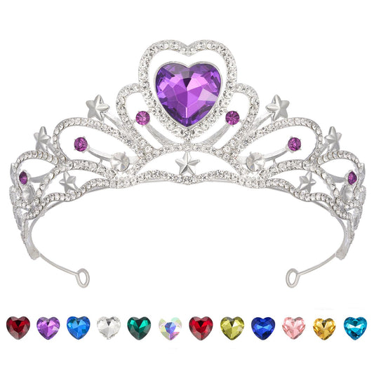 SWEETV Birthday Crowns for Women Girls Birthstone Heart Princess Tiara Silver Wedding Headband for Birth Day Party Photograph, Feb